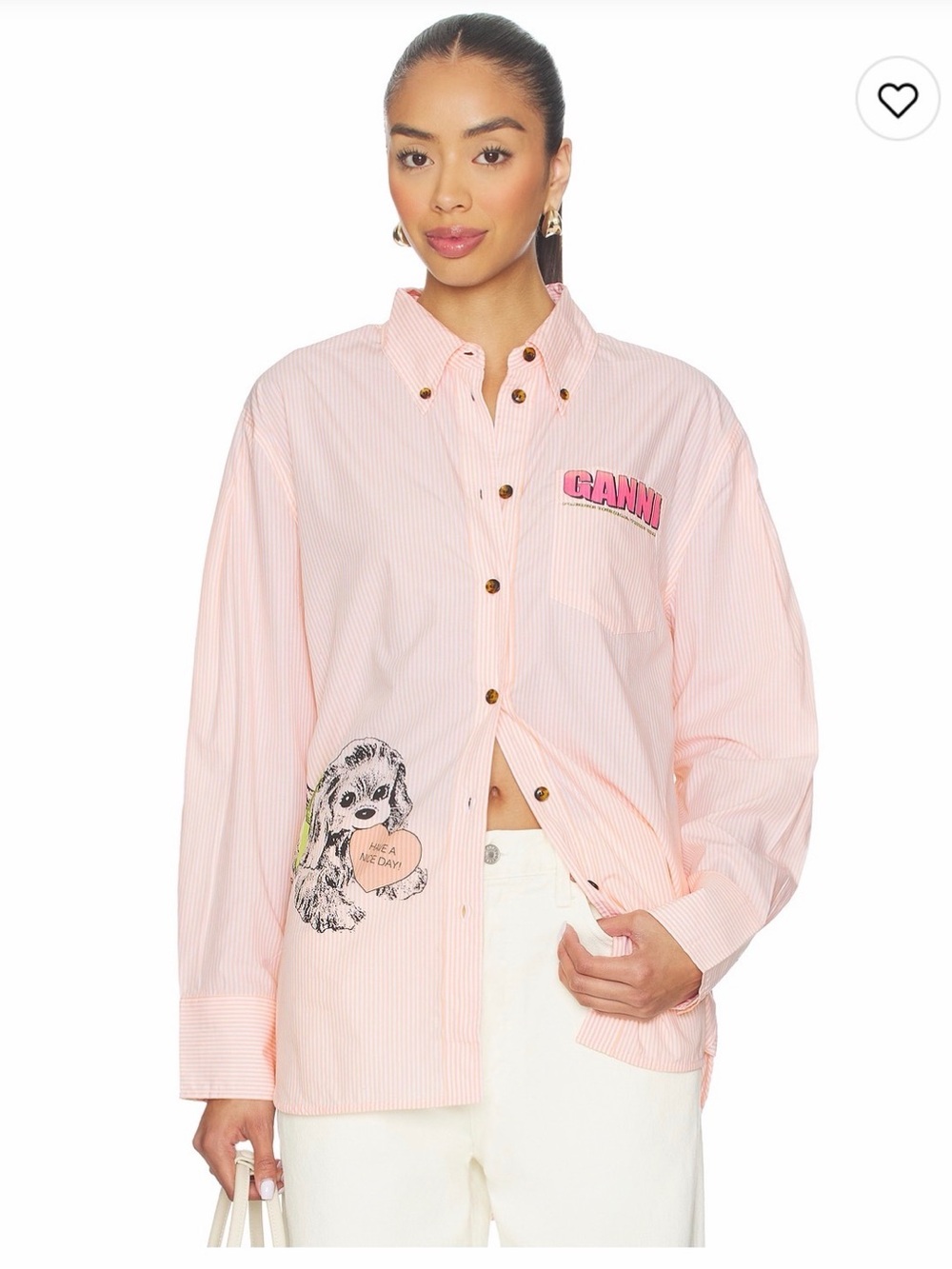 Ganni Pink Striped Graphic Button-Front Shirt Jacket